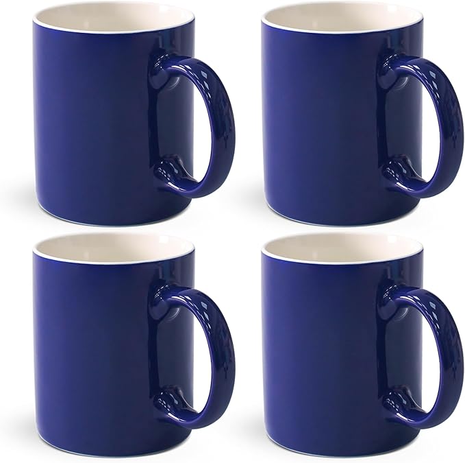 12 oz Cup Plain Gloss Blue Ceramic Coffee Mug Set of 4 for Milk, Tea, Glazed Porcelain Cups with handle for Home Office, Dishwasher & Microwave Safe