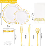 I00000 700Pcs Gold Dinnerware Set for 100 Guests, Plastic Plates for Party, Include: 100 Rim Dinner Plate, 100 Dessert Plate, 100 Paper Napkins, 100 Cups, 100 Gold Plastic Silverware Set