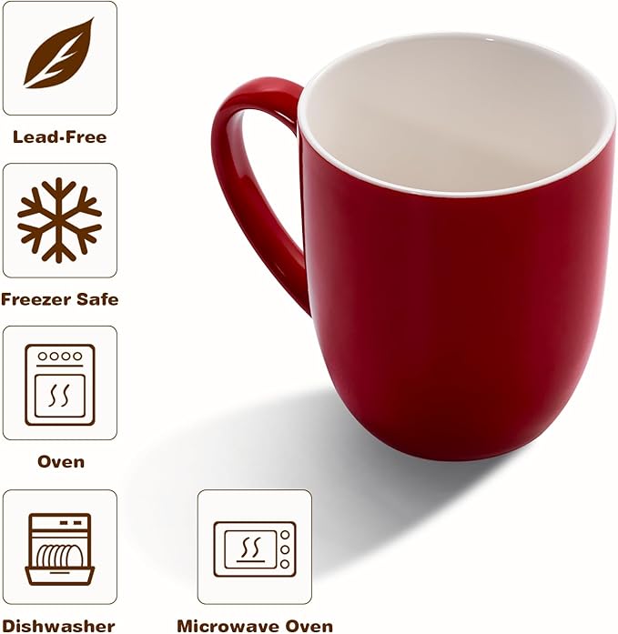 Urbanstrive 16 oz Large Coffee Mugs Set of 6 Ceramic Coffee Mug White Coffee Cups Tea Cups Idea Gift for Women Men House Warming Gifts New Home Office, Red 6 Pack
