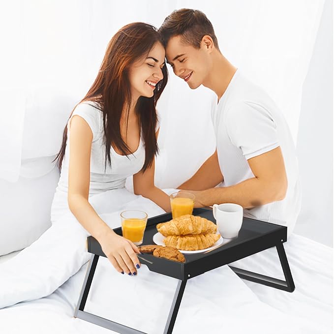 Bamboo Bed Tray Table with Foldable Legs, Breakfast in Bed Tray for Eating, Kitchen Serving Trays, Folding Table for Sofa, Beds, Eating, Working, Used As Laptop Desk Snack Trays, Large Black