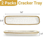 SOUJOY 2 Pack Porcelain Cracker Tray with Gold Pearl Edge, 14 Inch Rectangular Charcuterie Serving Platters, Dishwasher Safe Ceramic Cookie Plates for Cheese Ham Fruit, Perfect for Display Foods