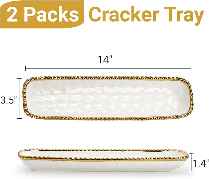 SOUJOY 2 Pack Porcelain Cracker Tray with Gold Pearl Edge, 14 Inch Rectangular Charcuterie Serving Platters, Dishwasher Safe Ceramic Cookie Plates for Cheese Ham Fruit, Perfect for Display Foods