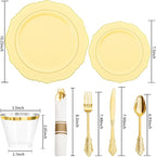 Liacere 350PCS Yellow Plates - Yellow Disposable Plastic Plates With Gold Rim-50Guest Plastic Dinnerware include 100 Plates,50 Pack Pre Rolled Napkins with Silverware 50Cups for Wedding＆Mother's Day