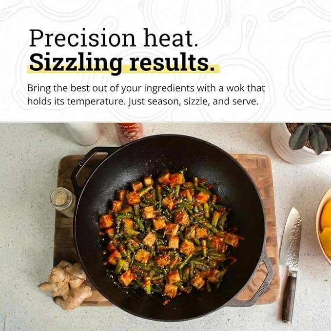 Lodge 14 Inch Cast Iron Wok with Dual Loop Handles – PFAS FREE Pre-Seasoned Family Size Stir Fry Pan – Stovetop & Oven Safe Heavy Duty High-Heat Retention Wok – Made in USA