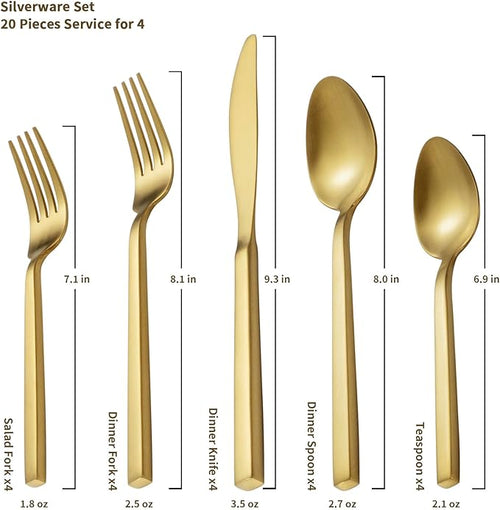 Alata Cube Gold 20-Piece Flatware Set, Forged Cutlery Set, Matte Gold Silverware Service for 4, Stainless Steel Tableware with Square Handle for Home/Restaurant, Dishwasher Safe