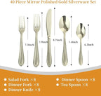 Champagne Silverware Set, 40-Piece Stainless Steel Champagne Flatware, 18/0 Stainless Steel Utensils, Dishwasher Safe, Modern Tableware for Home & Kitchen Dining