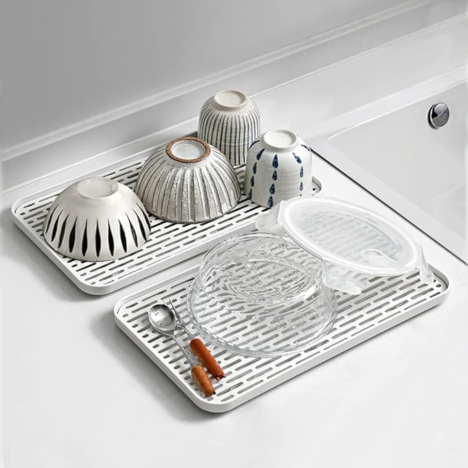 2 Pack Serving Tray & Dish Rack & Flat Drain Board, Multi-Use Tray for Serving, Fruit Drain, Cup Drain, White & Grey, Perfect for Coffee Table, Kitchen, Outdoors (8.85W x 15.35L)