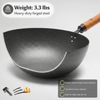 WANGYUANJI Carbon Steel Wok Pan 11 Inch - Round Bottom Traditional Pow Wok (Requires Gas Stove & Wok Ring) - No Coating Hand Hammered Stir Fry Pan with Lid & Detachable Handle