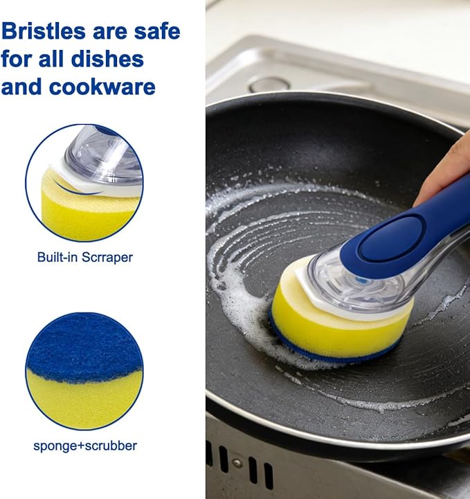 CELOX Dish Sponge with Handle, Dish Sponge with Soap Dispenser for Cleaning Kitchen