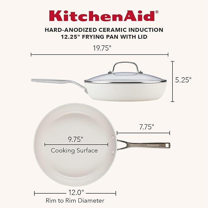 KitchenAid Hard Anodized Ceramic Induction Nonstick Cookware Frying Pan/Skillet with Lid, Dishwasher Safe, 12.25 Inch Non Stick Fry Pan with Stainless Steel Handle - Porcelain White