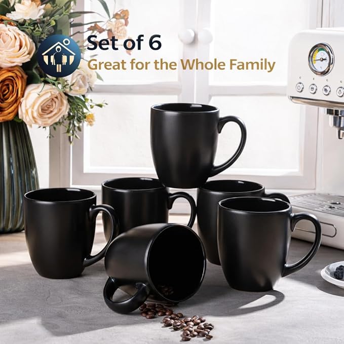 GBhome 12oz Coffee Mugs Set of 6, Large Ceramic Coffee Mugs for Man, Woman, Dad, Mom, Modern Coffee Mugs Set with handle for Tea/Latte/Cappuccino/Milk/Cocoa. Dishwasher&Microwave Safe,Matte Black