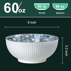 QINLANG Large Soup Bowls, Pho & Ramen Set of 3, 60 oz Blue & White Porcelain - Wave Pattern