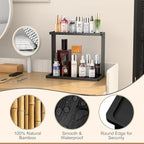 PEKER Bamboo Bathroom Organizer Countertop – Small Vanity Storage Shelf for Makeup, Perfume, Skincare – Natural Cosmetics Display Rack for Dresser, Sink, Kitchen –Black