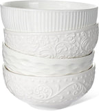 Artena Ceramic Cereal Bowls 26 oz, Embossment Soup Bowls Set of 4, White Salad Bowl for Kitchen, Dinner, Breakfast, Oatmeal, Rice, Pasta, Dishwasher Microwave Safe, 6 inch (Multiple Patterns)