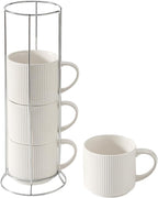 HASENSE 15oz Coffee mugs Set of 4,Stackable Ceramic Coffee Mug with Rack,Porcelain Coffee Cups for Latte,Cocoa, Americano, Hot Tea and Milk,Vertical Striped,White