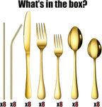 56 Pieces Gold Silverware Service for 8 Flatware Set with Straws Stainless Steel Utensils Cutlery Set Dishwasher Safe Flatware (Gold, 56)