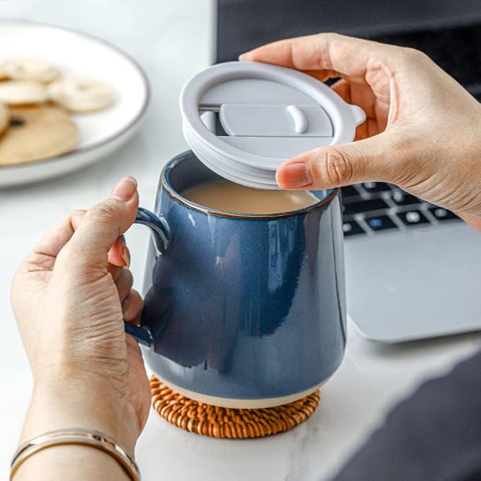 HVH Farmhouse Style Ceramic Mug Set of 4, 17oz with Lid, Large Handle, for Coffee, Tea & More (Blue)
