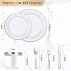 BESTVIP 700 PCS Silver Dinnerware Set for 100 Guests, Plastic Dinnerware Set for Party, Wedding, Christmas, Include: 200 Plastic Plates, 100 Silver Silverware, 100 Cups, 100 Paper Napkins