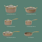 Bloomhouse - Two Time Oprah's Favorite Things Winner - 15 Piece Pots and Pans Heavy Duty Aluminum Premium PFA Free Ceramic Nonstick Dutch Oven Pot with Lid - Cappuccino Cream with Gold Handle