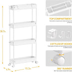 SPACELEAD Slim Storage Cart 4 Tier,Bathroom Organizer Rolling Utility, Mobile Shelving Unit Slide Out for Office, Kitchen, Laundry Room & Narrow Places,White