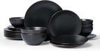 Famiware Venus Plates and Bowls Sets with Trim, 18 Pieces Stoneware Chip Resistant Dinnerware Dishes for 6, Matte Black - Microwave/Dishwasher Safe, Modern Minimalist, for Everyday Meals/Formal Dining