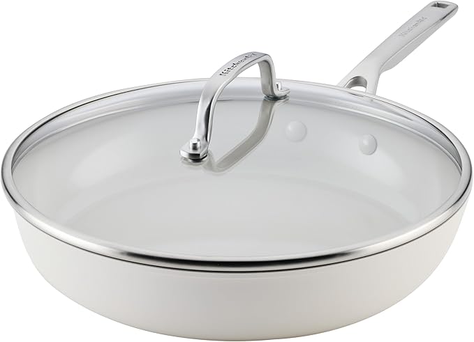 KitchenAid Hard Anodized Ceramic Induction Nonstick Cookware Frying Pan/Skillet with Lid, Dishwasher Safe, 12.25 Inch Non Stick Fry Pan with Stainless Steel Handle - Porcelain White