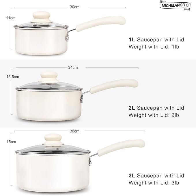 MICHELANGELO Nonstick Saucepan with Lid, Ceramic Sauce Pan Sets, Easy to Clean Sauce Pans, Multi-Purpose Cooking Pots, 3QT, White