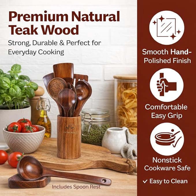 9 Piece Premium Teak Wooden Cooking Utensils Set- Spoons and Spatulas with Holder and Spoon Rest, Heat-Resistant, Non-Stick Safe, Lightweight Kitchen Tools (9)