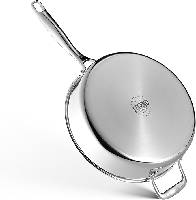LEGEND COOKWARE 5-Ply Stainless Steel 5-Quart Saute Pan with Lid - Induction Compatible, Oven Safe 800°F - Non-Toxic, No Coatings - Even Heating, Won't Warp - Built to Last Generations
