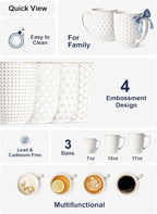 LE TAUCI Coffee Mugs 16 oz,Ceramic Mug Set, Embossment Cups for Latte, Hot Tea, Cappuccino, Mocha, Cocoa, Dishwasher Safe, Suit For Housewarming Wedding- 3.8 inch, Set of 4, Arctic White