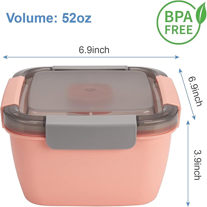 Freshmage Salad Lunch Containers To Go, 2 Pack 52-oz Bowls with 3 Compartments, Dressing Containers for Toppings, Snacks (Blue+Pink)