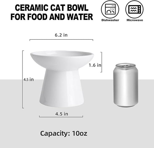 6.2 Inch Extra Wide Elevated Ceramic Cat Bowls, Food and Water Bowl Set for Elder Big Cats Small Dogs, Raised Design for Pet Easy Eating, Protect Cat's Spine Set of 2(White)