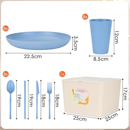 49pcs Dinnerware Sets for 8 People, Unbreakable Plates Sets, Reusable Storage Box, Travel Camping Picnic Home Party Cutlery Set, Dishwasher Microwave Safe Dishes