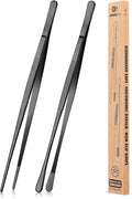 2 Pcs 12-Inch Kitchen Tweezers Fine Tweezer Tongs, Stainless Steel Professional Long Cooking Tweezers for BBQ, Sea Food, Repairing and Serving (BLACK)