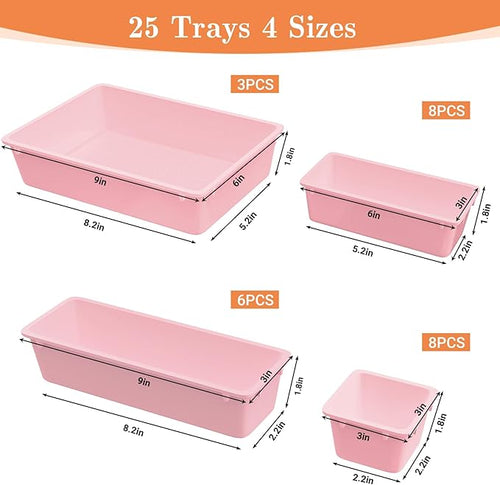 25 PCS Plastic Drawer Organizer Set, 4-Size Versatile Organizer Trays & storage Bins for Makeup, Jewelry, and Gadgets in Bathroom, Bedroom and Office, Pink