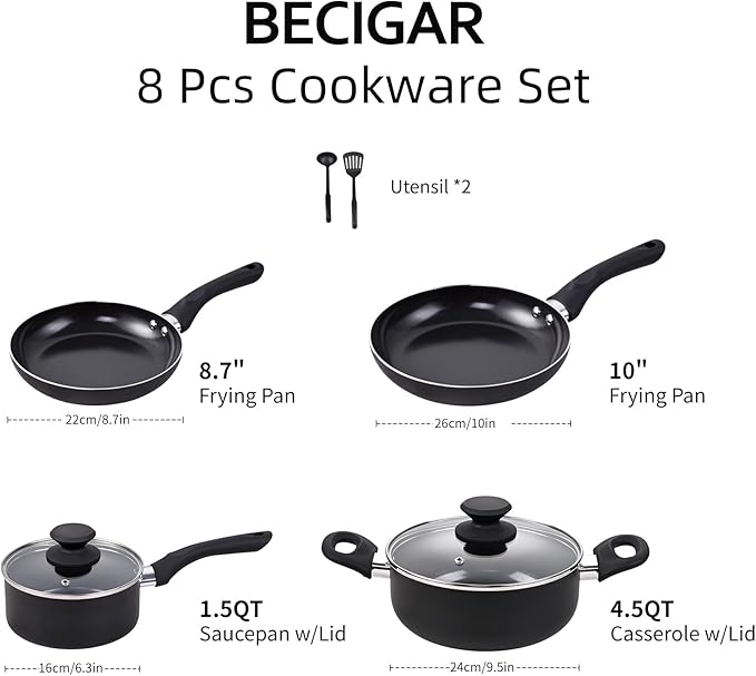 8pcs Black Ceramic Pots and Pans Set, Cooking Pan Set,Cooking Pot Set Ceramic Pan Set, Nonstick Cookware Set, Induction Safe Kitchen Cooking Set with Frying Pans, Saucepans, shovel and Ladle