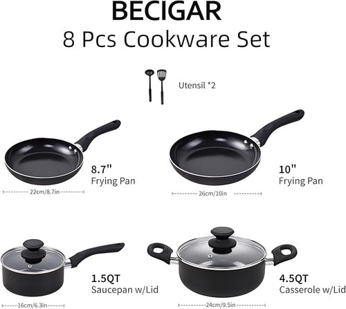 8pcs Black Ceramic Pots and Pans Set, Cooking Pan Set,Cooking Pot Set Ceramic Pan Set, Nonstick Cookware Set, Induction Safe Kitchen Cooking Set with Frying Pans, Saucepans, shovel and Ladle