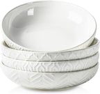 Sureasy Pasta Bowls Set of 4, 30oz Large Ceramic Embossed Bowl Plates, 8.5 Inch Wide and Shallow Plate Bowls, Salad Bowl, Microwave, Oven & Dishwasher Safe, White