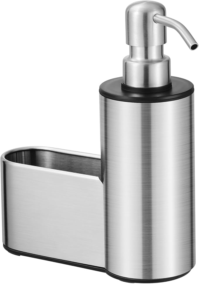 Kitchen Soap Dispenser with Sponge Holder, 12 oz Dish Soap Dispenser for Kitchen Sink Countertop, Stainless Steel Pump, Organizer Holder with Storage for Bathroom
