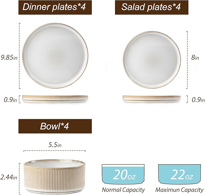 Ceramic Dinnerware Sets for 4-12 Piese Plates and Bowls Set, Microwave and Dishwasher Safe Stoneware, Ribbed Dishes and 22oz bowls, Beige