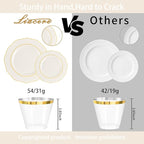 Liacere 350PCS Ivory Plastic Plates-Cream Disposable Plates With Gold Rim-50Guest Baroque Plastic Dinnerware include 100 Plates - 50 Pack Pre Rolled Napkins Silverware 50Cups for Wedding＆Mother's Day