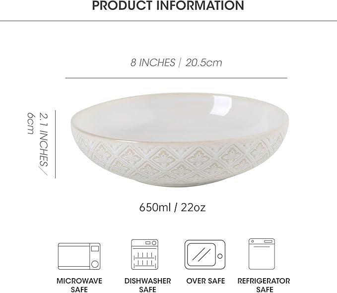 22 Oz Pasta Bowls Set of 4 - Ceramic Soup Bowls, 8inch Large Serving Bowl, Porcelain Kitchen Embossed Dish for Salad, Fruit, Rice, Desserts, Housewarming Present, Dishwasher Safe
