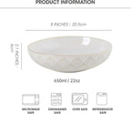 22 Oz Pasta Bowls Set of 4 - Ceramic Soup Bowls, 8inch Large Serving Bowl, Porcelain Kitchen Embossed Dish for Salad, Fruit, Rice, Desserts, Housewarming Present, Dishwasher Safe