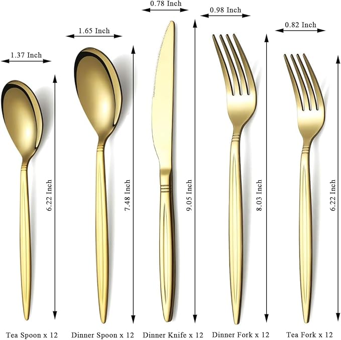 Evanda Gold Silverware Set 60 Piece Service for 12, Titanium Gold Plated Stainless Steel Modern Flatware Set, Knives Forks Spoons Set for Wedding, Parties, Birthday, Restauroom, Dishwasher Safe