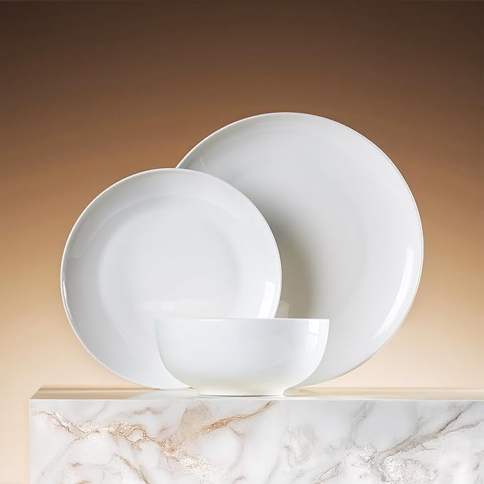 KINGSTONE 24-Piece Bone China Dinnerware Set for 8, Lightweight Porcelain Round Plates and Bowls Set, Durable Scratch Resistant Ceramic Dinner Set, Microwave & Dishwasher Safe, Ivory White