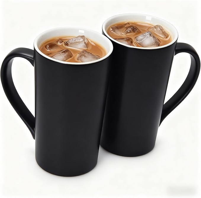 20 OZ Large Diner Coffee Mugs,Tall Beer Cups with Handle Couple's Cups Set of 2,Oversized Cylindrical Design Modern Ceramic Tea Cup for Dad Mom Friends Gift.Matte Black