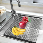 Ahyuan Roll up Dish Drying Rack Over The Sink Kitchen Roll up Sink Drying Rack Stainless Still Portable Drainer Foldable Dish Rack (Black, 17.8''X13.5'')