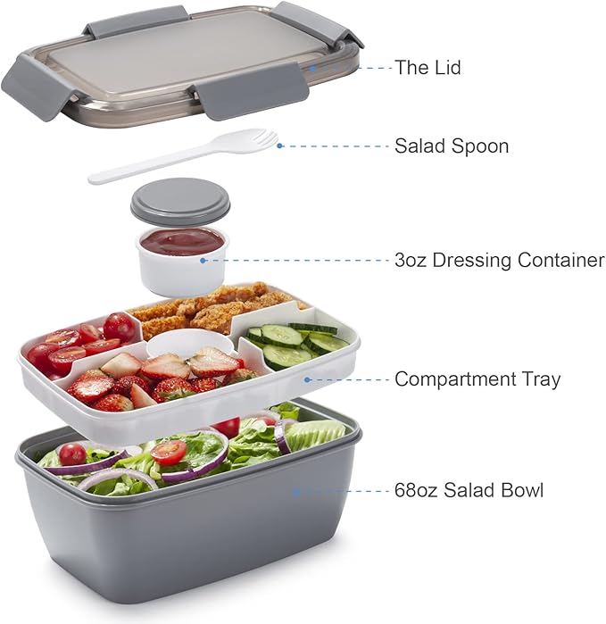 Freshmage Salad Lunch Container To Go, 68-oz Grey-XL, Leak-proof Lid, 4 Compartments, Sauce Container, Safe Material, Easy Carry