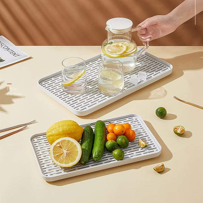 2Packs Serving Tray & Dish Rack & Flat Drain Board, Multi-Use Tray for Serving, Fruit Drain, Cup Drain, Vegetable Drain, White & Grey, Perfect for Coffee, Kitchen, (6.69W x 12.2L)