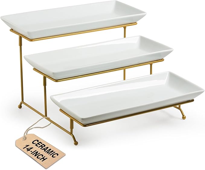 LAUCHUH Large 3 Tier Serving Stand Tiered Serving Trays with Collapsible Sturdier Rack Porcelain Serving Trays and Platters for Fruit Dessert Presentation Mother's Day Party Display Set, 14 Inch